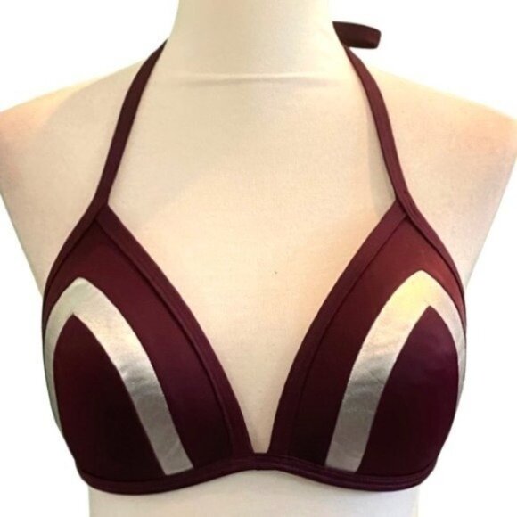 PINK Victoria's Secret Burgundy Silver Foil Triangle String Bikini Top Sz Large - Picture 2 of 6